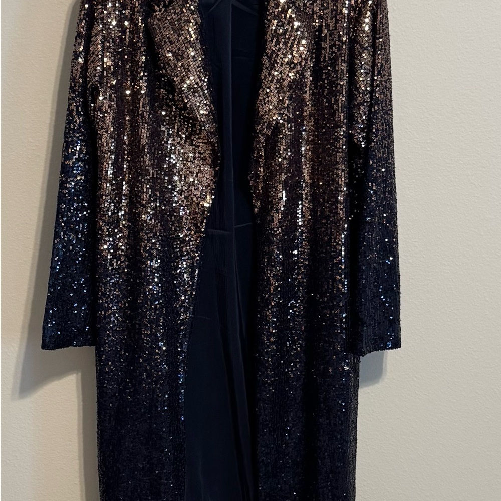 Trina Turk Sequin Duster Coat in Navy and Gold